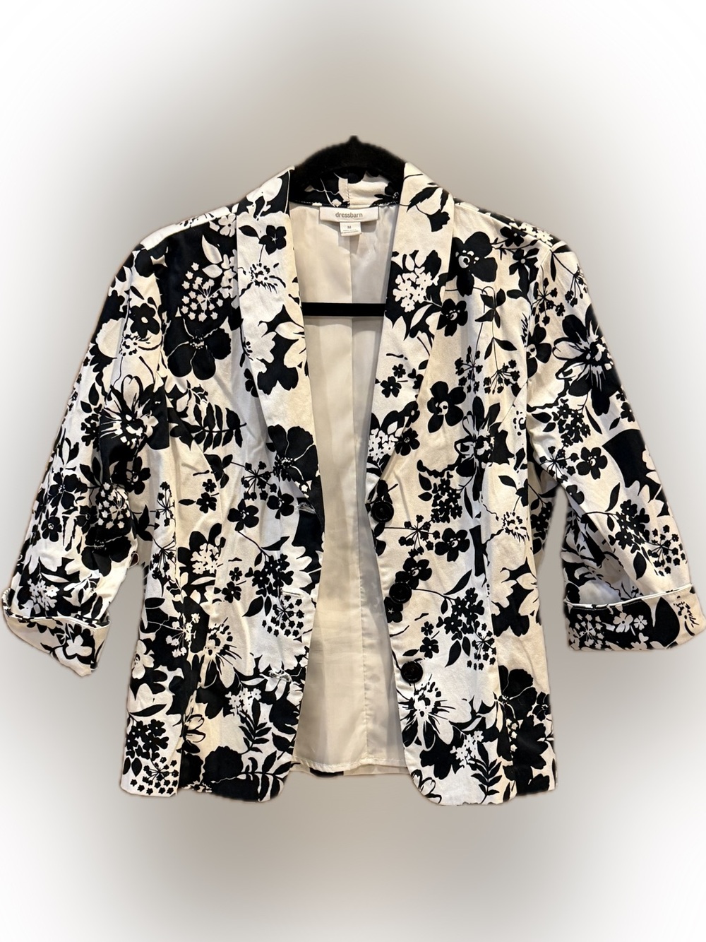 Dressbarn Black & White Geometric Open Front Blazer Jacket, Size Small, EUC